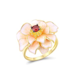 Santuzza Lotus Ring 925 Sterling Silver Garnet Handmade Enamel Flower Ring for Women (7)