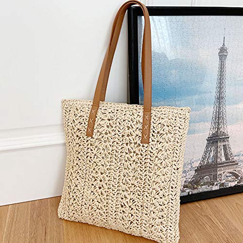 ZLM BAG US Women Straw Crochet Tote Bohemian Summer Beach Bag Large Handmade Shoulder Bag (Beige)