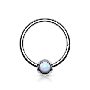 pierced owl 18ga stainless steel synthetic opal ball cartilage helix daith septum hinged segment ring (silver tone/white, 10mm diameter)