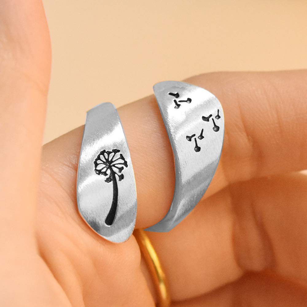 Dandelion and Seeds Flower Wrap Rings for Women Finger Band Statement Vintage Silver Plated Middle Tail Ring Wide Hypoallergenic Expandable Adjustable Cute Engagement Promise Dainty Mother Gifts Birthday