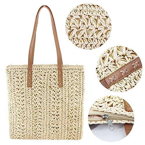 ZLM BAG US Women Straw Crochet Tote Bohemian Summer Beach Bag Large Handmade Shoulder Bag (Beige)