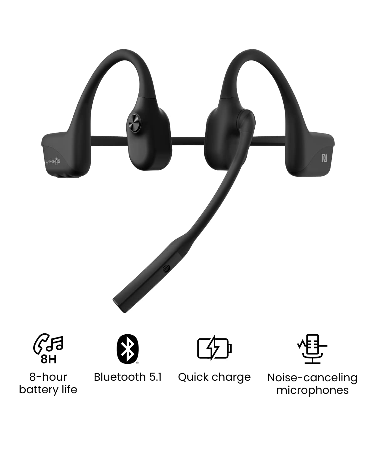 Aftershokz OpenComm (Rebranded as Shokz OpenComm) Wireless Stereo Bone Conduction Bluetooth Headset with Noise-Canceling Boom Microphone for Office Home Business Trucker Drivers Commercial Use, Black