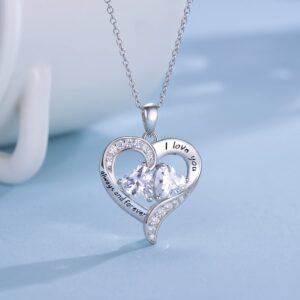 BlingGem Necklaces for Women Sterling Silver Personalized Heart Pendant Necklace with 2 Customized Birthstones 5A Cubic Zirconia I Love You Always and Forever Gift for Women Mom Wife