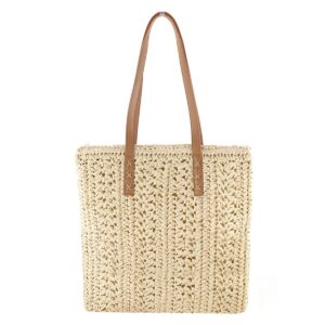 zlm bag us women straw crochet tote bohemian summer beach bag large handmade shoulder bag (beige)