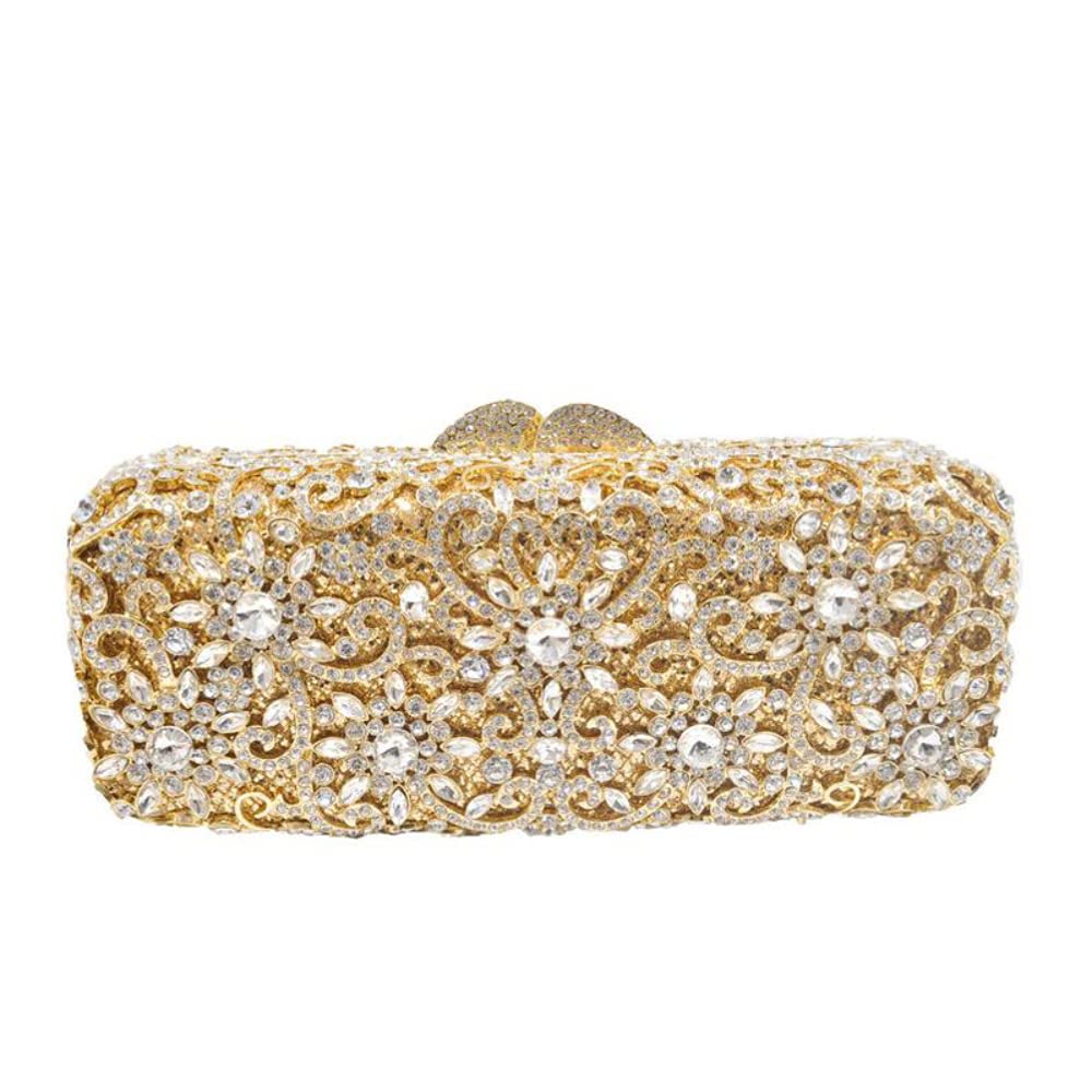 Boutique De FGG Fancy Flower Clutch Handbag Women Evening Bags and Clutches Formal Bridal Crystal Clutch Purse (Small,Gold&Silver)