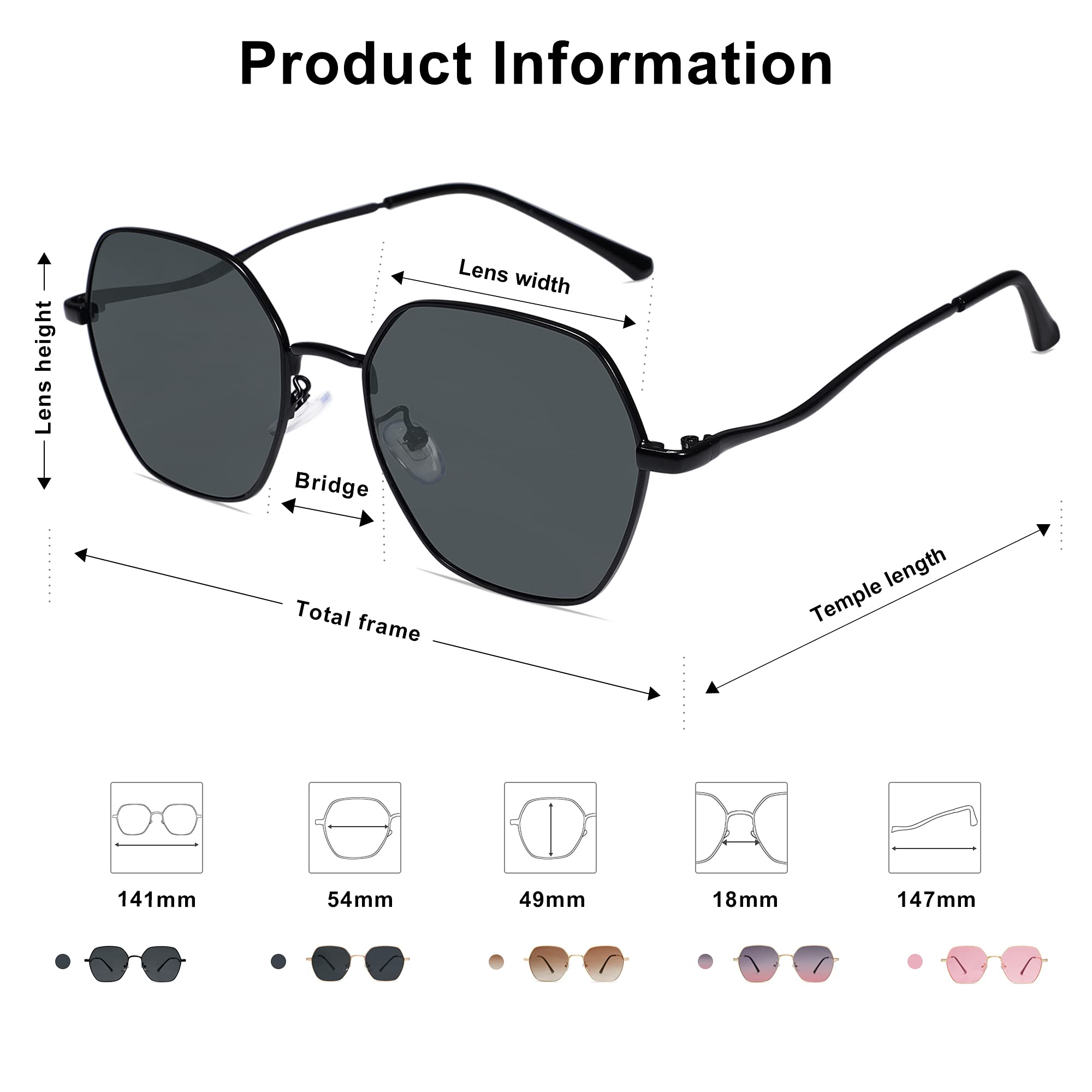 SOJOS Hexagon Square Polarized Sunglasses for Women Men Retro Gold Rim Wire Frame Polygon Shades SJ1101, Black Frame/Grey Lens