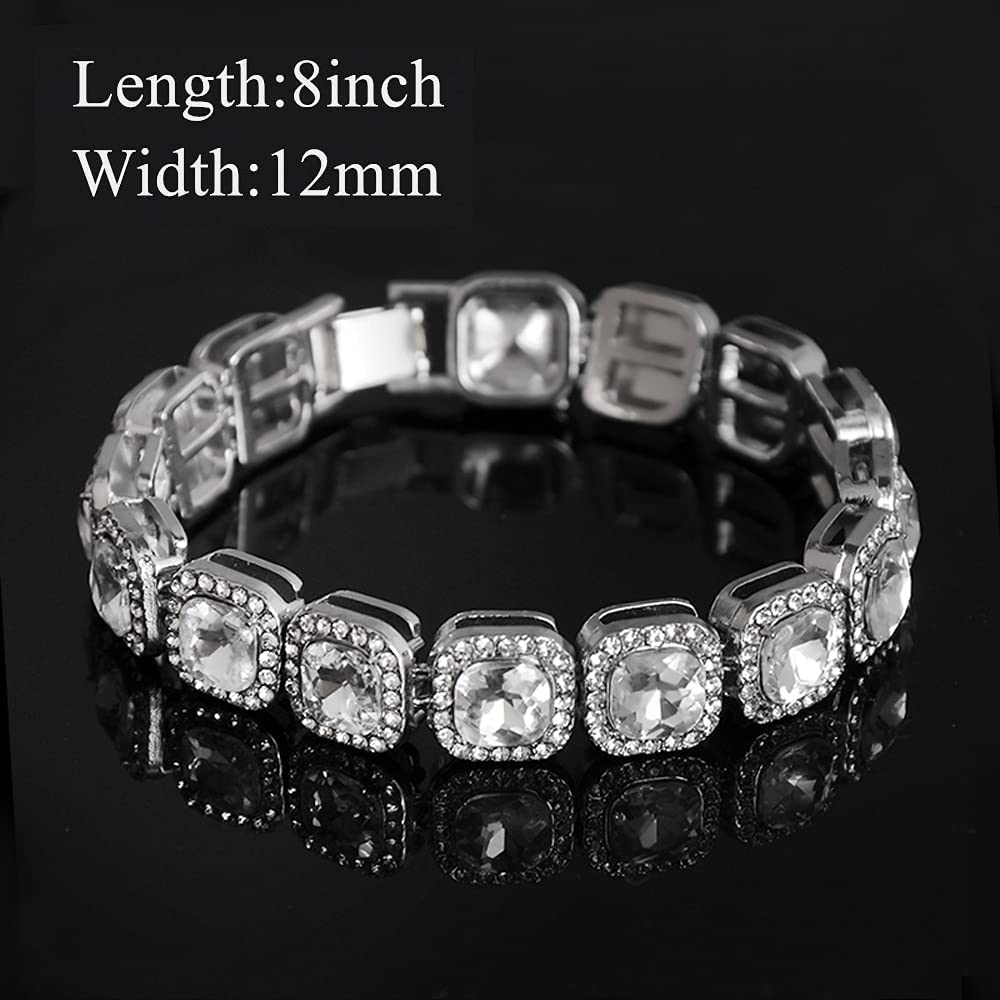 Apzzic 12mm Iced Out Square Tennis Chain Micro Pave Cubic Zircon 1 Row Diamond Cuban Link Bracelet Hip Hop Jewelry For Men Women Silver 8inch