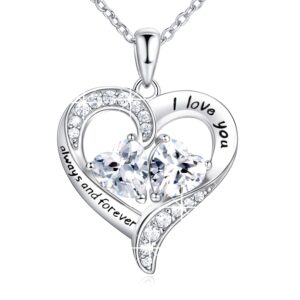 BlingGem Necklaces for Women Sterling Silver Personalized Heart Pendant Necklace with 2 Customized Birthstones 5A Cubic Zirconia I Love You Always and Forever Gift for Women Mom Wife