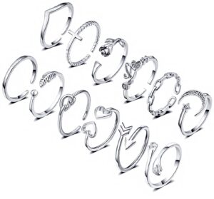 kohota 12pcs adjustable knuckle rings for women 14k gold plated silver simple stacking rings pack open knot star moon butterfly dainty thumb ring set for women