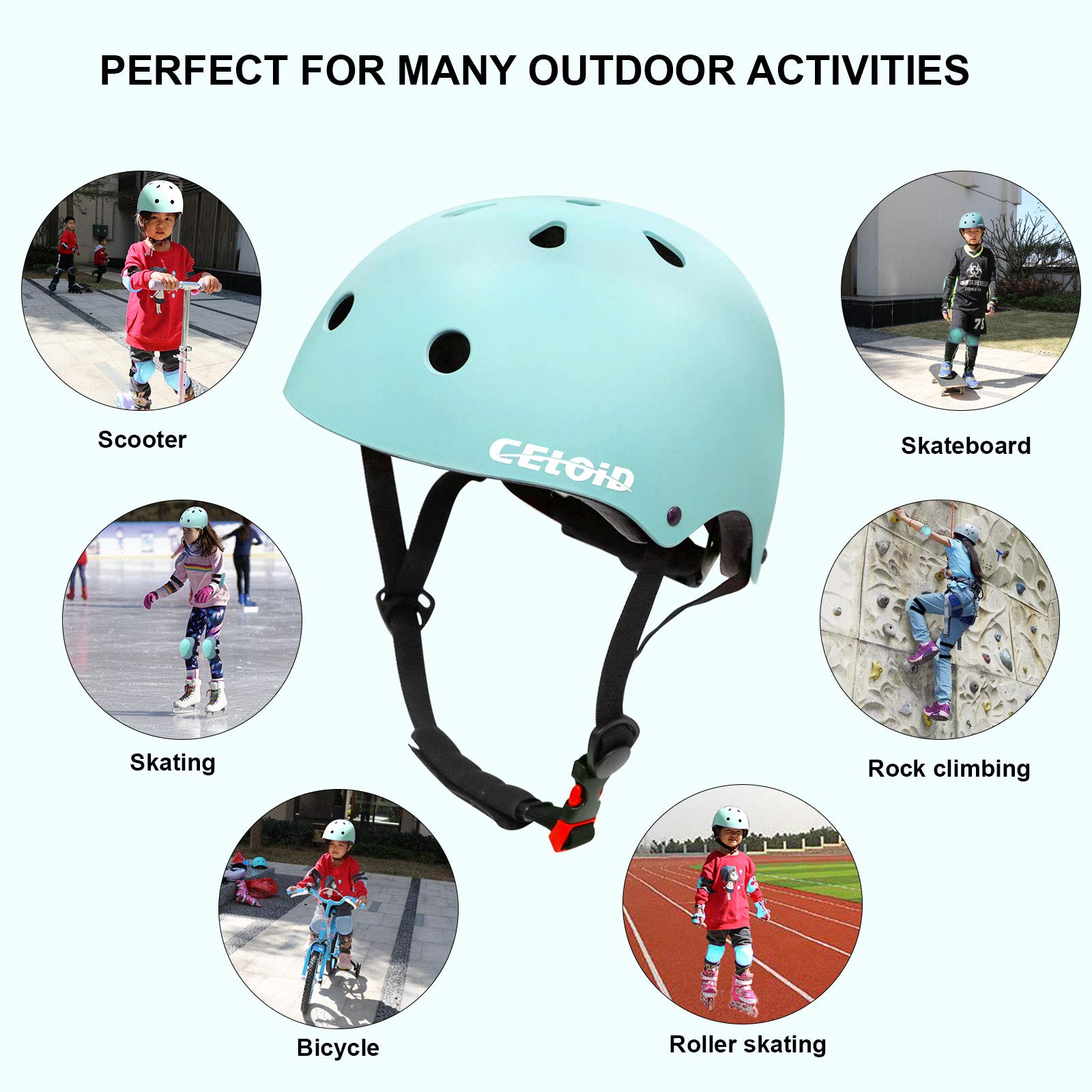 CELOID Kids Bike Helmet,Youth Skateboard Helmets for Ages 10-14-16 Years Boys Girls，Adjustable Multi-Sport Bicycle Skateboarding Football Roller Skating Scooter Rollerblade Balance Bike Helmet,L-Blue