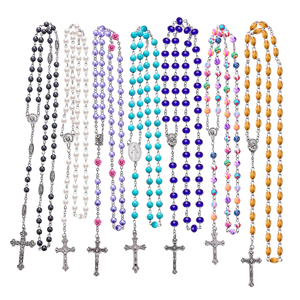 YWLI 7 PCS Rosary Beads Catholic for Woman - Confirmation Gifts for Teenage Girl, 7 Day Rosary, Various Styles of Rosary Necklace Set, Cross Rosary Necklace for Women