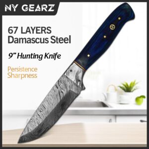 NY Gearz Handmade Hunting Knife Damascus Steel Survival Fixed blade Knife Rose Wood Guards Handle 9" (Blue)