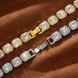 Apzzic 12mm Iced Out Square Tennis Chain Micro Pave Cubic Zircon 1 Row Diamond Cuban Link Bracelet Hip Hop Jewelry For Men Women Silver 8inch