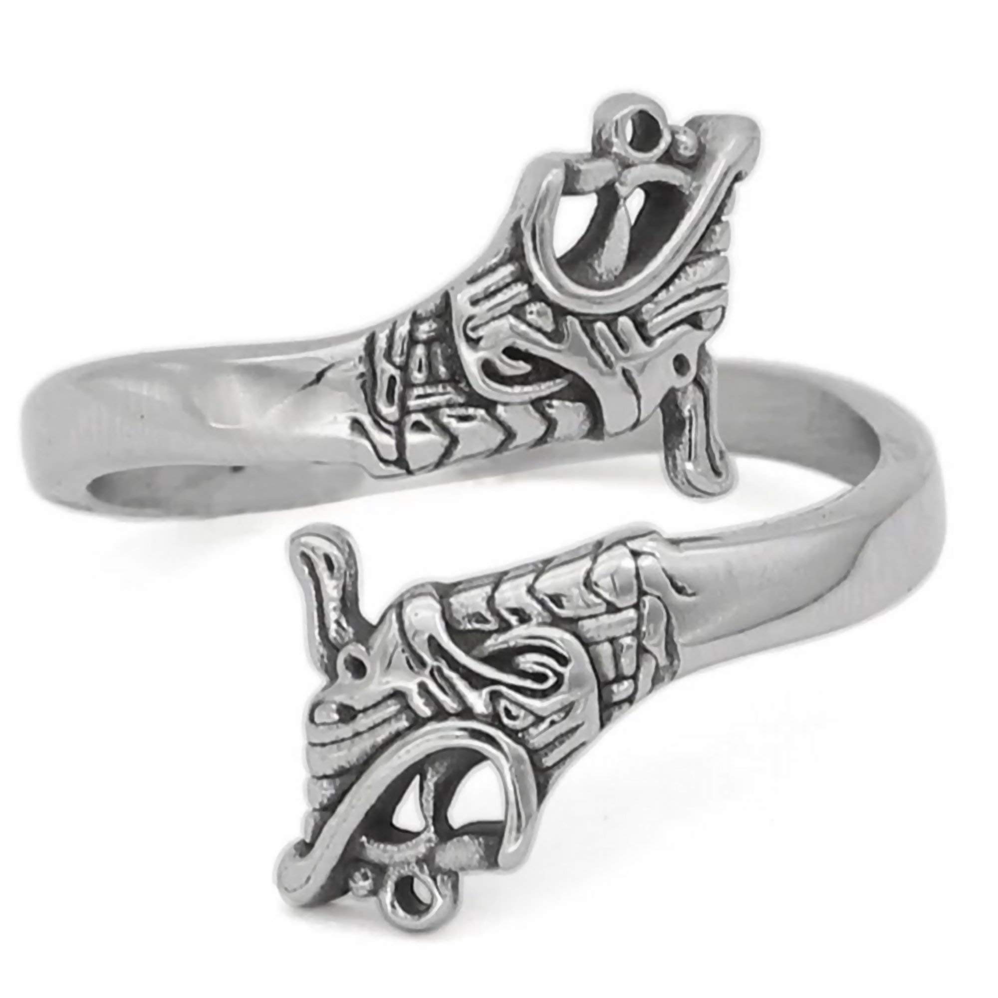 Fantasy Forge Jewelry Norse Wolves Geri Freki Ring Mens Womens Silver Stainless Steel Viking Wolf Band Sizes 9-13 (11)