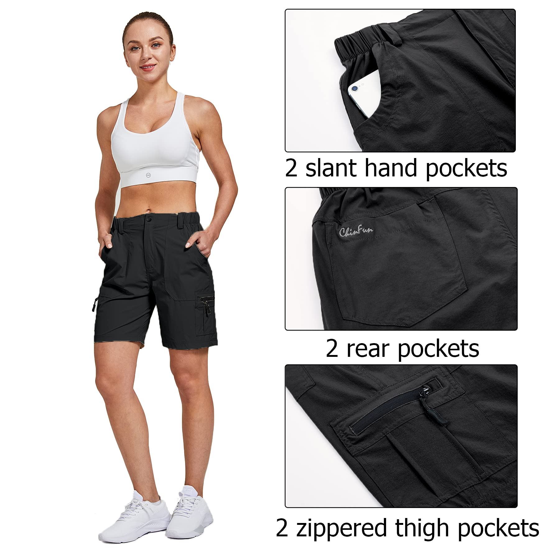 ChinFun Women's Stretch Cargo Shorts Lightweight Hiking Shorts Quick Dry Golf Shorts Water Resistant with 6 Pockets Black M