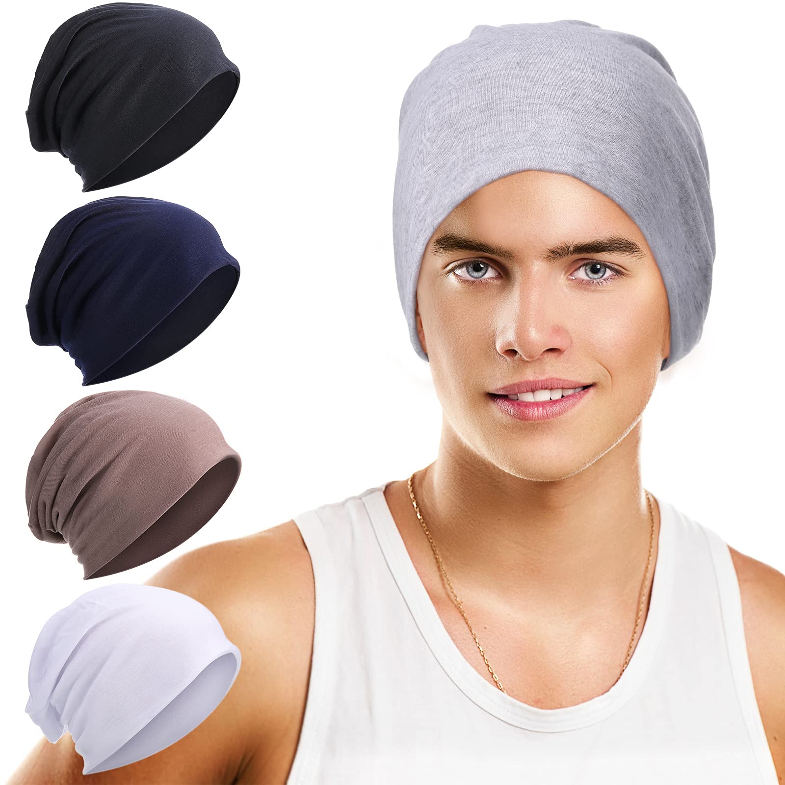 5 Pcs Unisex Slouchy Beanie Hats for Men Women Summer Beanie Hats Lightweight Baggy Dwarf Soft Chemo Sleep Caps(Dark Colors)