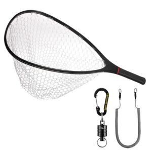 SF Fly Fishing Stealth Carbon Fiber Landing Net Soft Silicone Rubber Mesh Steelhead Catch and Release Net with Black Magnetic Net Release Combo Kit