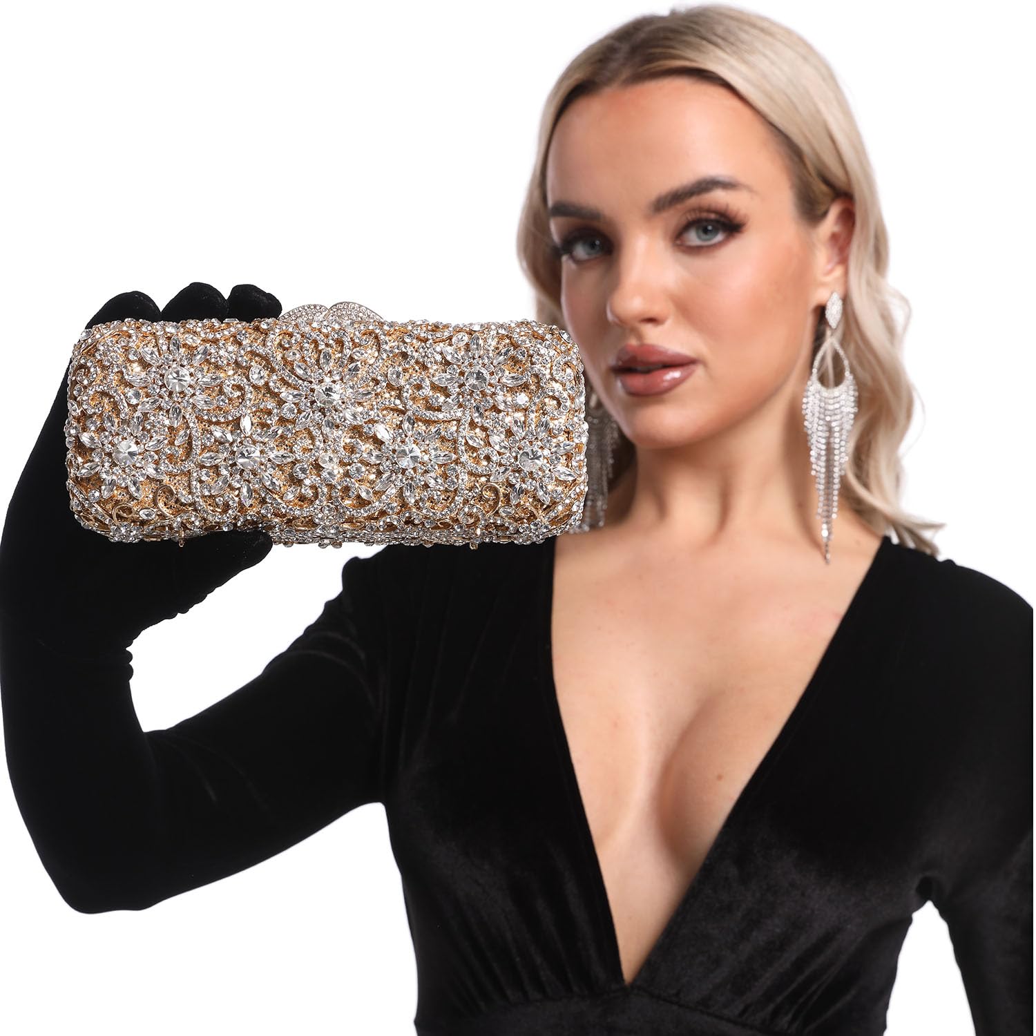 Boutique De FGG Fancy Flower Clutch Handbag Women Evening Bags and Clutches Formal Bridal Crystal Clutch Purse (Small,Gold&Silver)