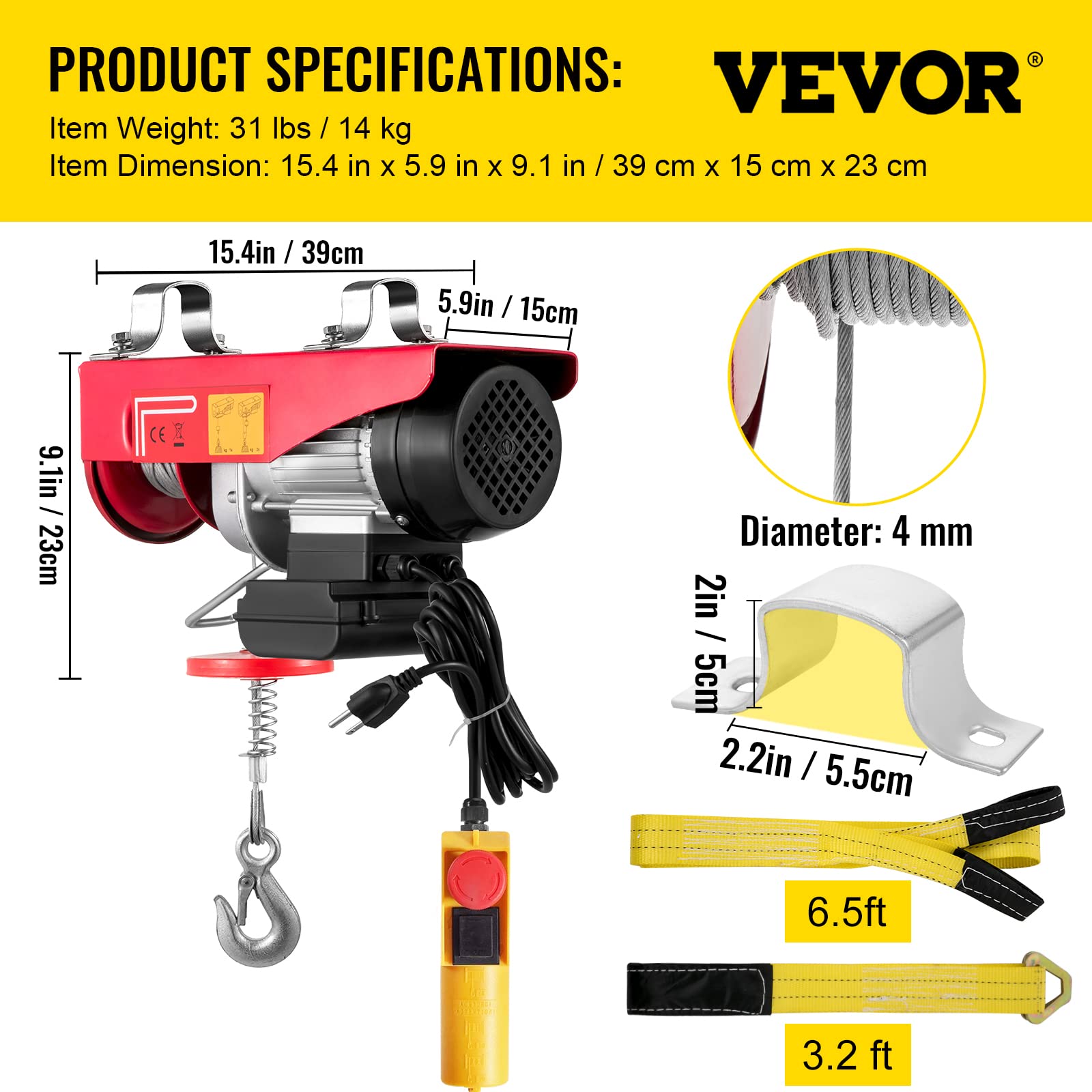 VEVOR 880LBS Electric Winch, Steel Electric Lift, 110V Electric Hoist With Wireless Remote Control