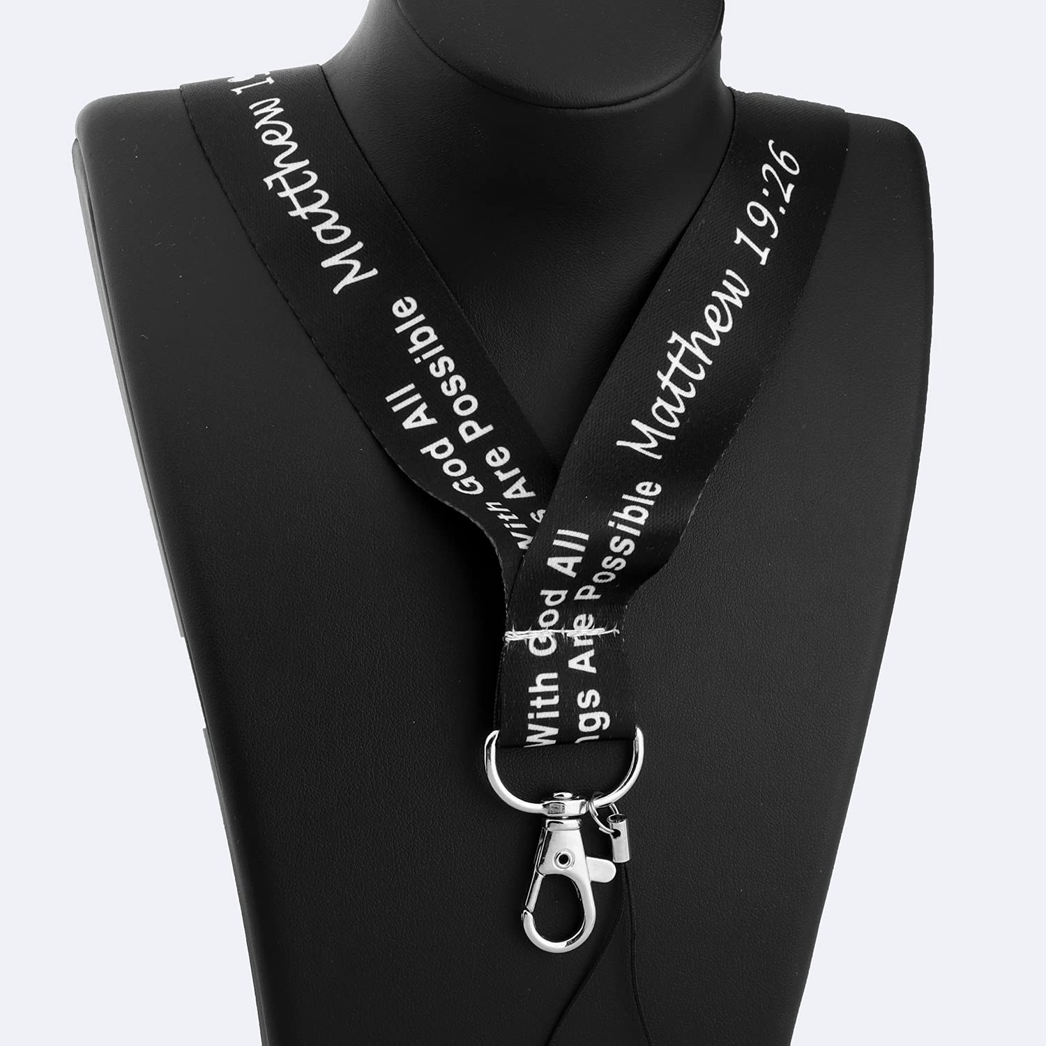 LQRI Christian Lanyard ID Holder Keychain Bible Verse Matthew 19:26 Gift With God All Things Are Possible Gift Clip Charm Catholic Gift Religious Baptized Jewelry (Black)