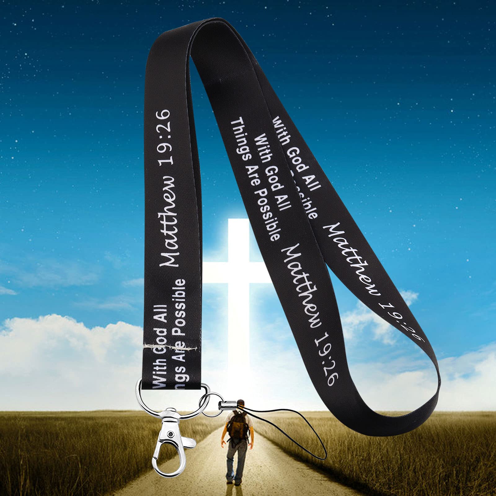 LQRI Christian Lanyard ID Holder Keychain Bible Verse Matthew 19:26 Gift With God All Things Are Possible Gift Clip Charm Catholic Gift Religious Baptized Jewelry (Black)