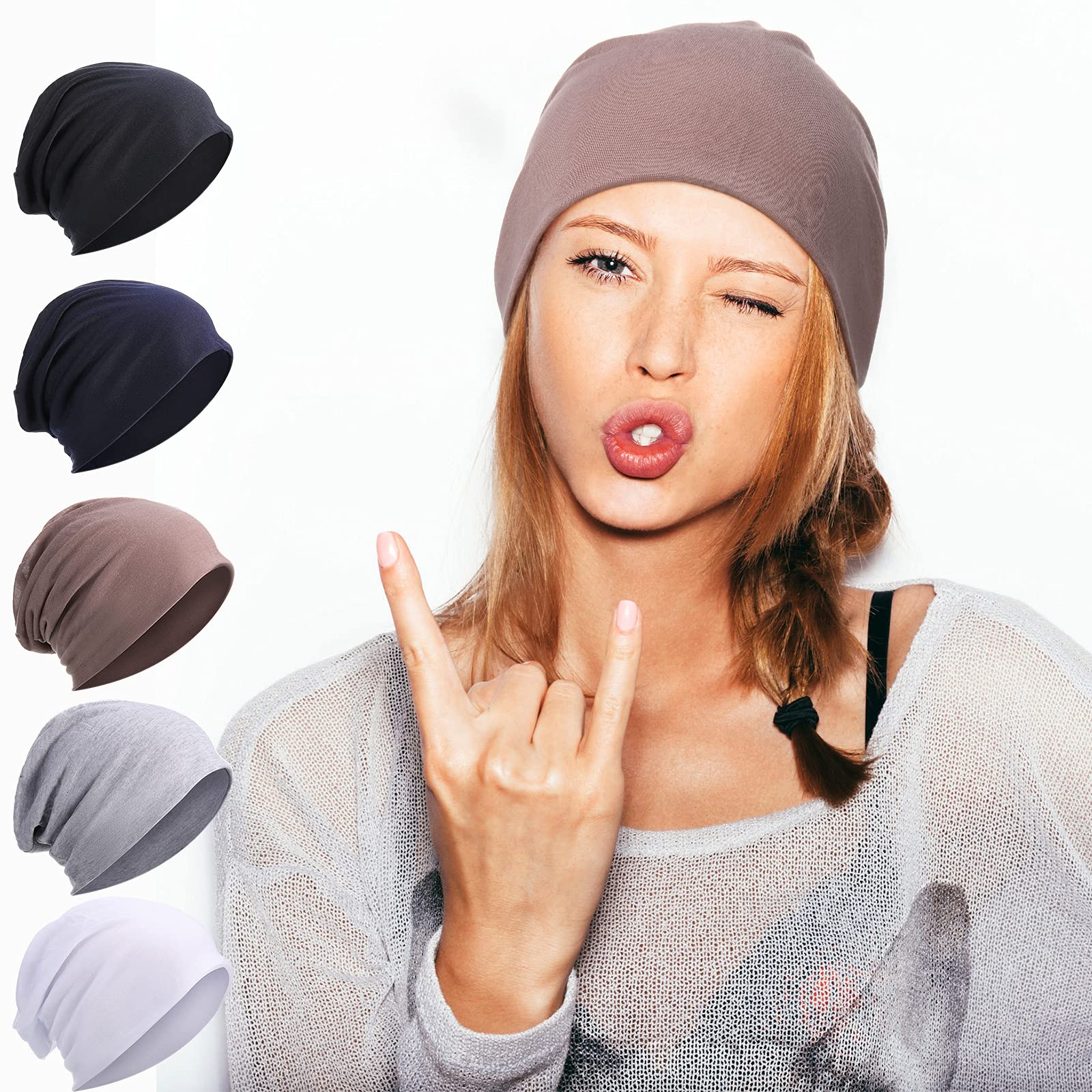 5 Pcs Unisex Slouchy Beanie Hats for Men Women Summer Beanie Hats Lightweight Baggy Dwarf Soft Chemo Sleep Caps(Dark Colors)