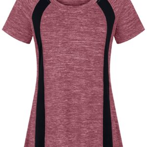 Helloacc Womens Scoop Neck Short Sleeve Yoga Top Loose Fit Sport Workout T Shirt Wine Red