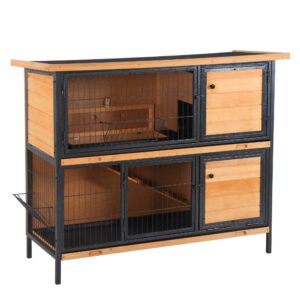 pawhut 48" 2-story large rabbit hutch bunny cage wooden pet house metal frame with individual room, ramp, no leak tray, feeding trough, waterproof asphalt roof for outdoor/indoor