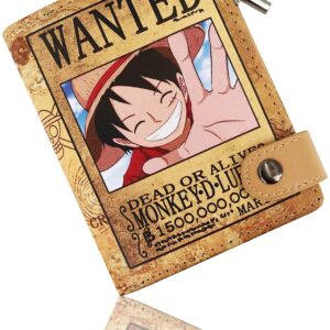 Roffatide Anime Luffy Wallets for Boys Bi-Fold Short Faux Leather Wallet Travel Slim Wallet with Zip Coin Pocket Khaki