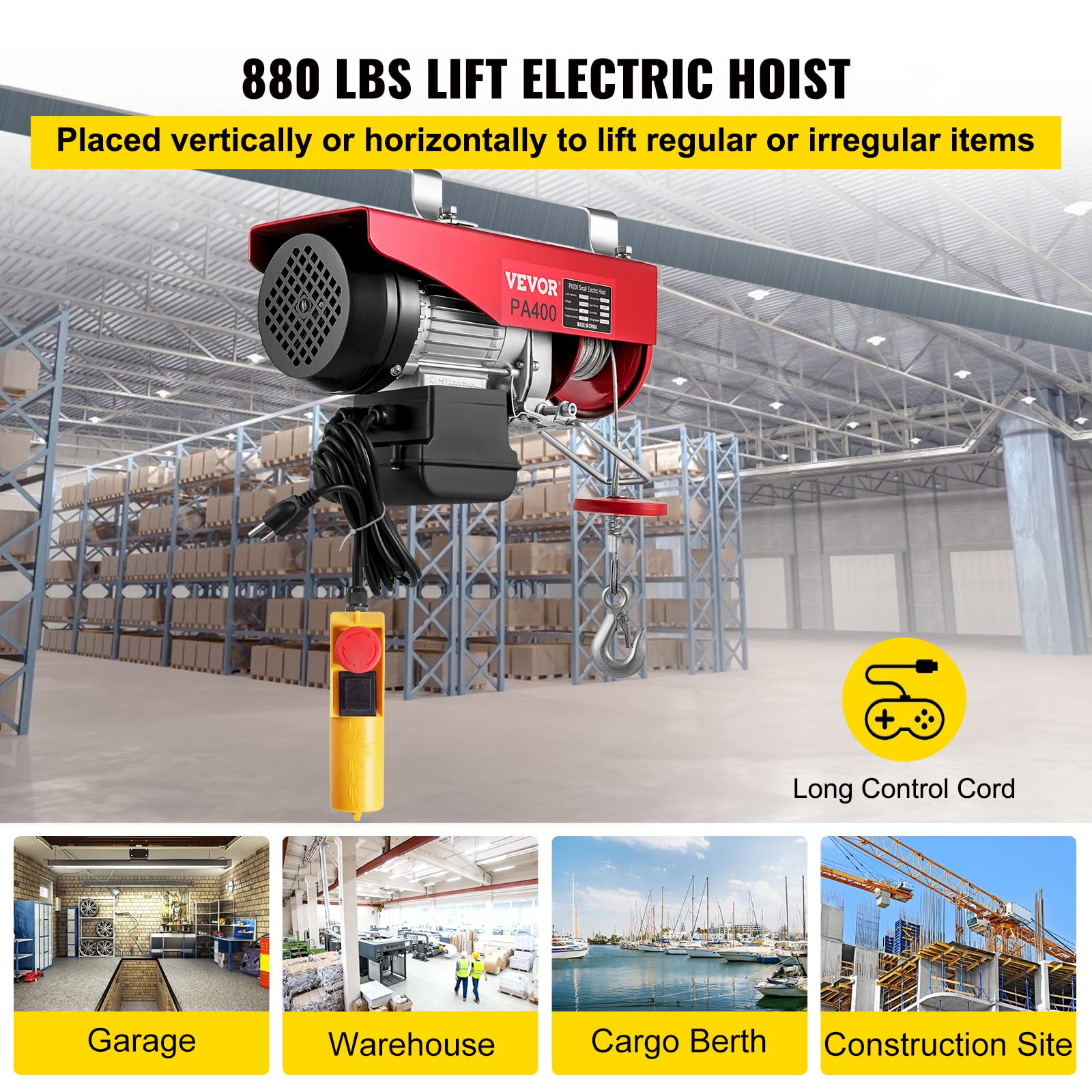 VEVOR 880LBS Electric Winch, Steel Electric Lift, 110V Electric Hoist With Wireless Remote Control