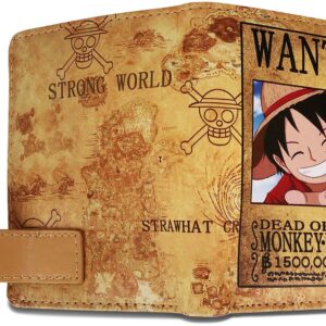 Roffatide Anime Luffy Wallets for Boys Bi-Fold Short Faux Leather Wallet Travel Slim Wallet with Zip Coin Pocket Khaki