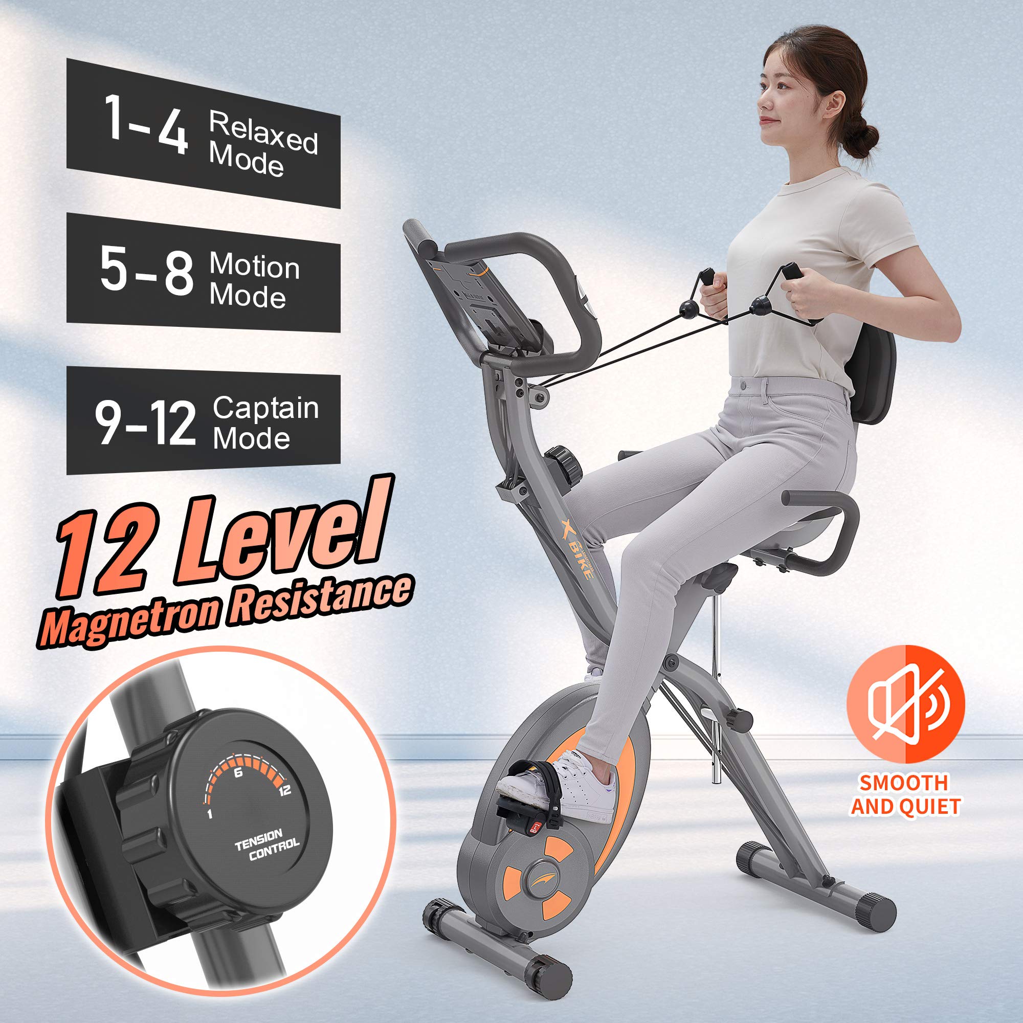 leikefitness Folding Stationary Bike Recumbent Exercise Bike w/Arm Resistance Bands-Pulse Sensor-LCD Monitor and Easy to Assemble Indoor Cycling Bike 2280 (GREY)