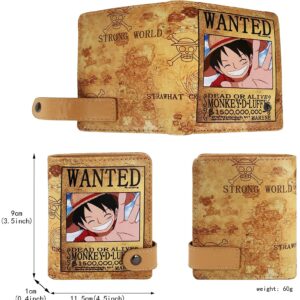 Roffatide Anime Luffy Wallets for Boys Bi-Fold Short Faux Leather Wallet Travel Slim Wallet with Zip Coin Pocket Khaki