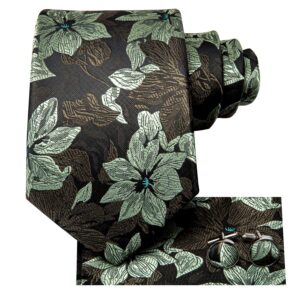 Dubulle Mens Tie Set Solid Paisley Silk Striped Necktie for Men with Cufflinks Tie and Pocket Square,A Sage Green