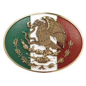 ARIAT Antique Gold Oval Buckle with Mexican Flag Colors and Gold Eagle Motif, Smooth Edge, 3-3/4" x 2-7/8"