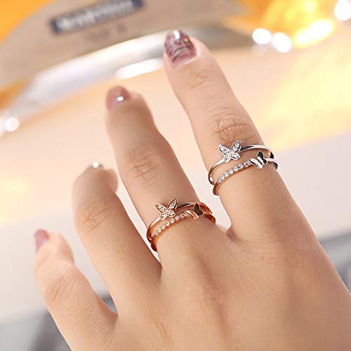 FUTIMELY Dainty Butterfly Ring for Women Silver Rose Gold Double Butterfly Ring Adjustable Crystal Butterfly Knuckle Ring (Silver)