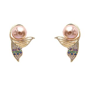 huggie mermaid tail shell pearl stud earrings for women 925 sterling silver post colorful cubic zirconia hypoallergenic small fish fin stud cartilage faux pink pearls ocean sea jewelry