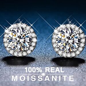 Moissanite Earrings for Women,1-4ct Halo Round 925 Sterling Silver Moissanite Hypoallergenic Stud Earrings,Gift for Mother Mom Wife Girlfriend, with Certificate (White Gold, 1ct)