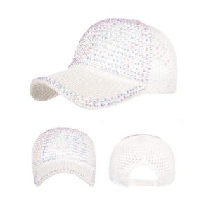 Women Men Studded Rhinestone Crystals Adjustable Ponytail Mesh Baseball Cap Shiny Bling Casual Sports Cap Breathable Sun Hat