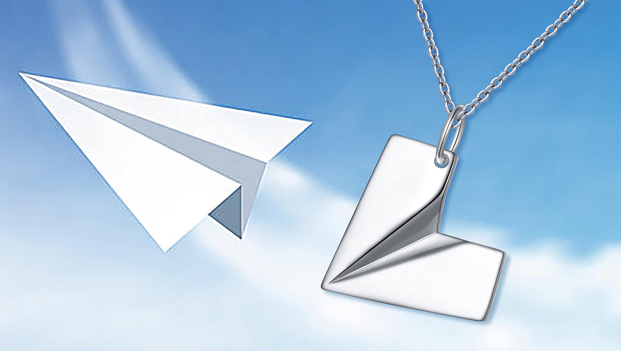 DAOCHONG 925 Sterling Silver Paper Airplane Paper Plane Heart Pendant Necklace for Women Teen Men Gift Jewelry