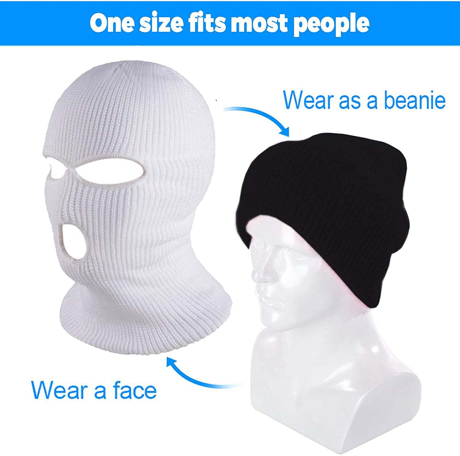 Fvviia 2 Pieces 3 Hole Knitted Face Cover Double Thermal Windproof Winter Ski Mask for Outdoor Sports (White&Black)