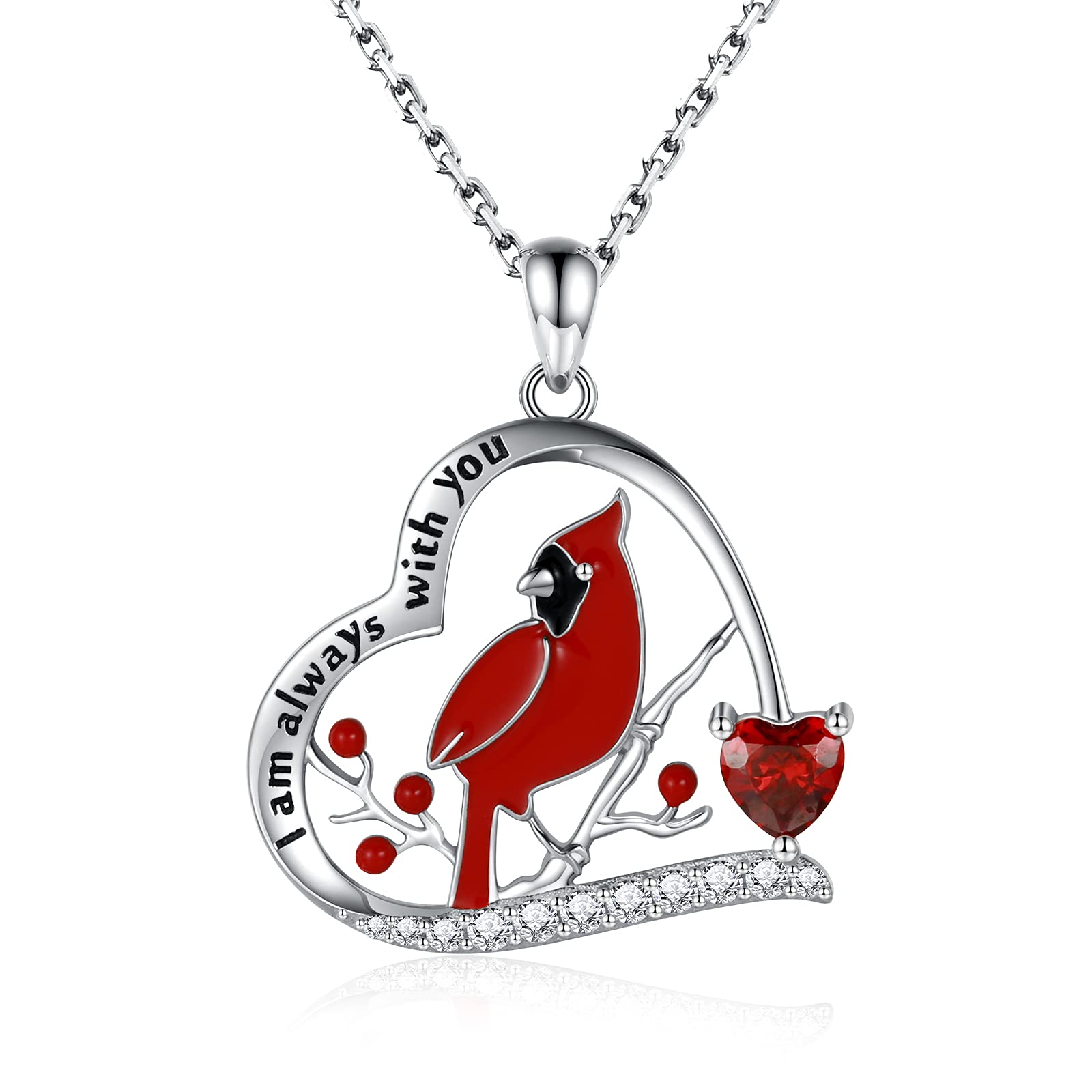 Red Cardinal Necklace 925 Sterling Silver I am Always With You Memorial Pendant Jewelry Gifts for Women (01 Red Heart Cardinal)