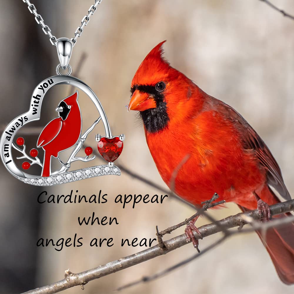 Red Cardinal Necklace 925 Sterling Silver I am Always With You Memorial Pendant Jewelry Gifts for Women (01 Red Heart Cardinal)