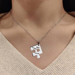 Yocoyee 4 Pcs Puzzle Best Friends Forever Necklaces Stainless Steel Engraved Heart & 3 Pcs Simple Bar Pendant Set Friendship Necklaces-4 Pcs Puzzles