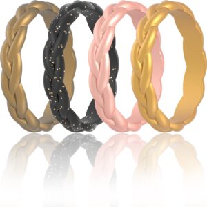 thunderfit silicone wedding bands for women, thin braided design 3.3mm wide 1.8mm thick - 1/4/7/8 variety multipack (bronze, black-gold glitter, rose gold, gold - size 7.5-8 (18.2mm))