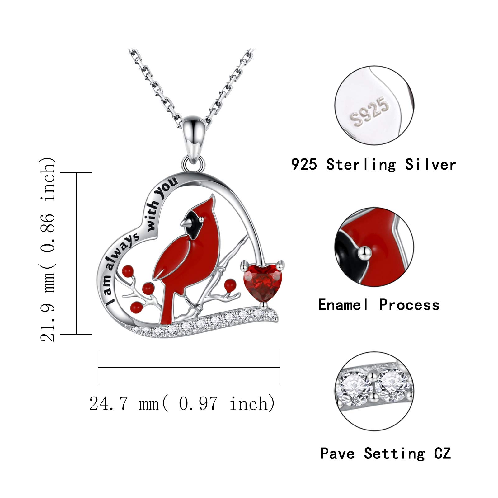 Red Cardinal Necklace 925 Sterling Silver I am Always With You Memorial Pendant Jewelry Gifts for Women (01 Red Heart Cardinal)