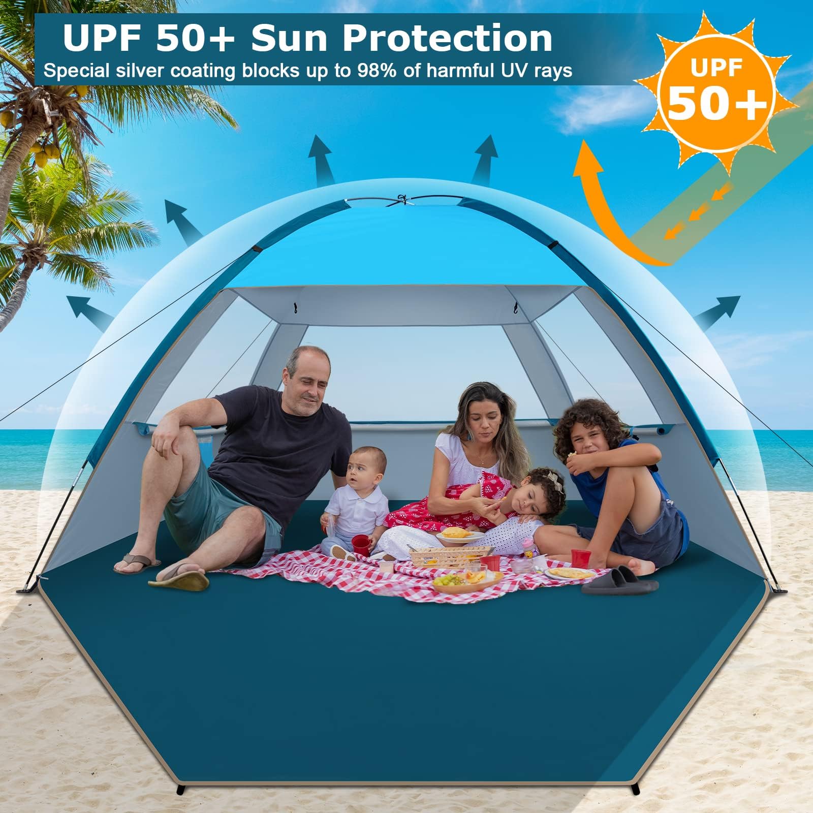 COMMOUDS Beach Tent Sun Shade for 3/4-5/6-7/8-10 Person, UPF 50+ Beach Sun Shelter Canopy Tent, Lightweight, Easy Set Up and Carry