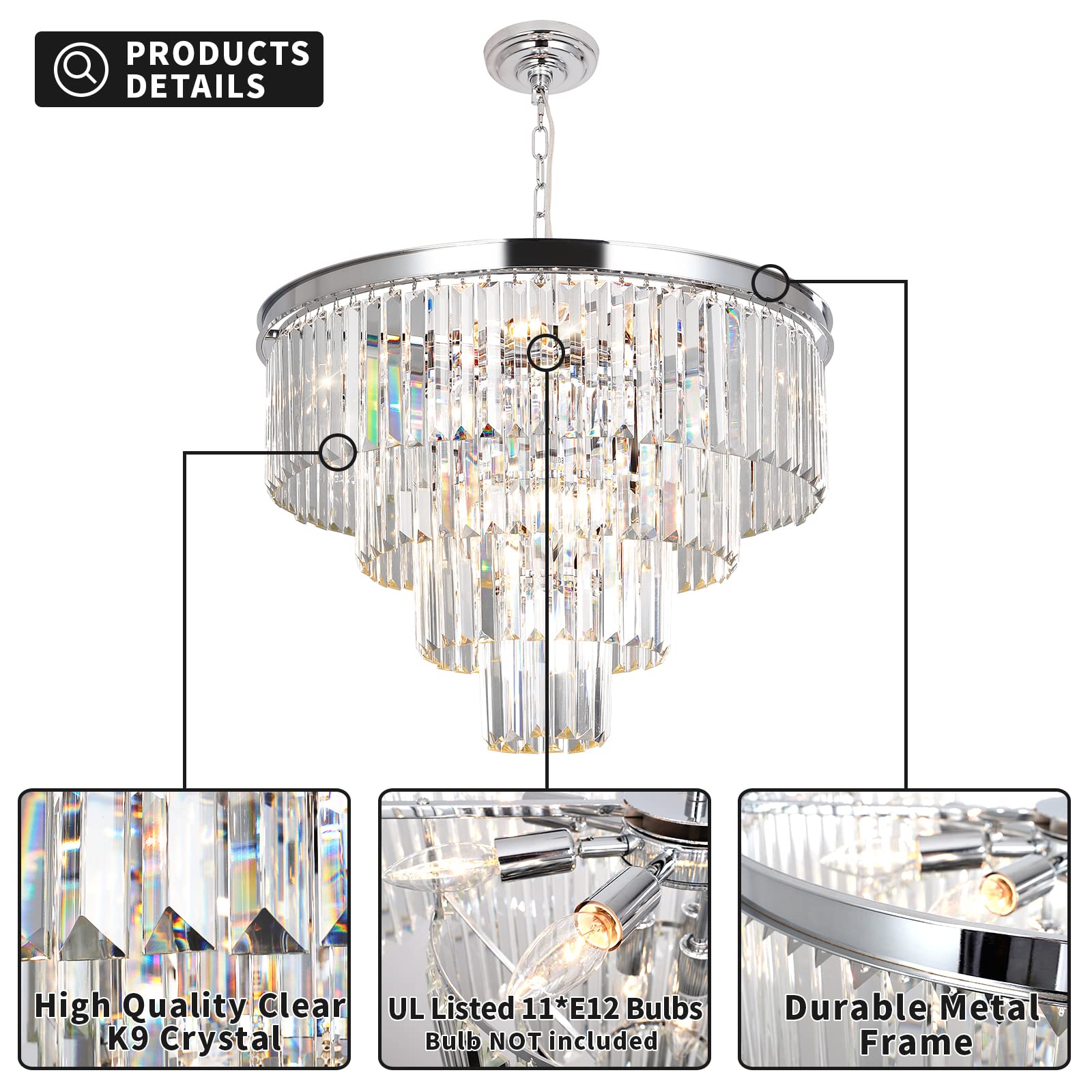 MarkDee Modern Chandeliers Crystal with Light, 11 Lights Chrome Crystal Chanderlier Lighting, 4-Tier Pendant Lights for Dining Room Living Room (23.62inch)…