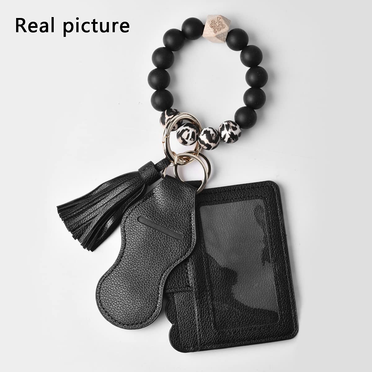 KESOCORAY Women Wristlet Bracelet Keychain Wallet,Silicone Wooden Beaded Bangle Key Ring Tassel Key Chain with Lipstick Holder for Girls(Black)