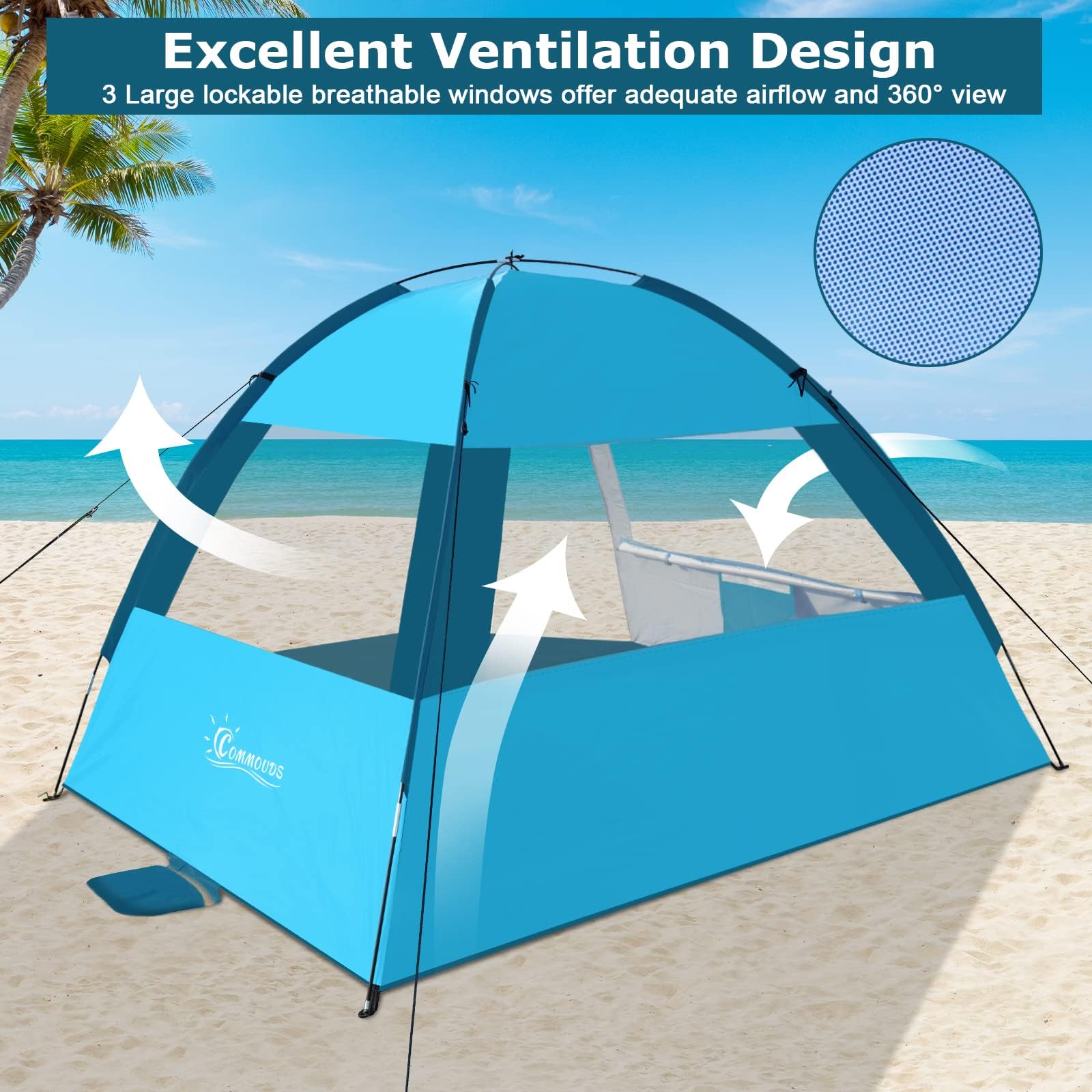 COMMOUDS Beach Tent Sun Shade for 3/4-5/6-7/8-10 Person, UPF 50+ Beach Sun Shelter Canopy Tent, Lightweight, Easy Set Up and Carry